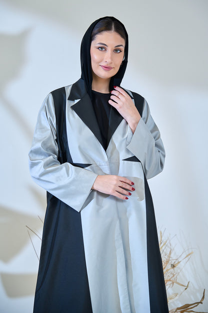 Monochrome Tuxedo-Panel Abaya in Structured Taffeta