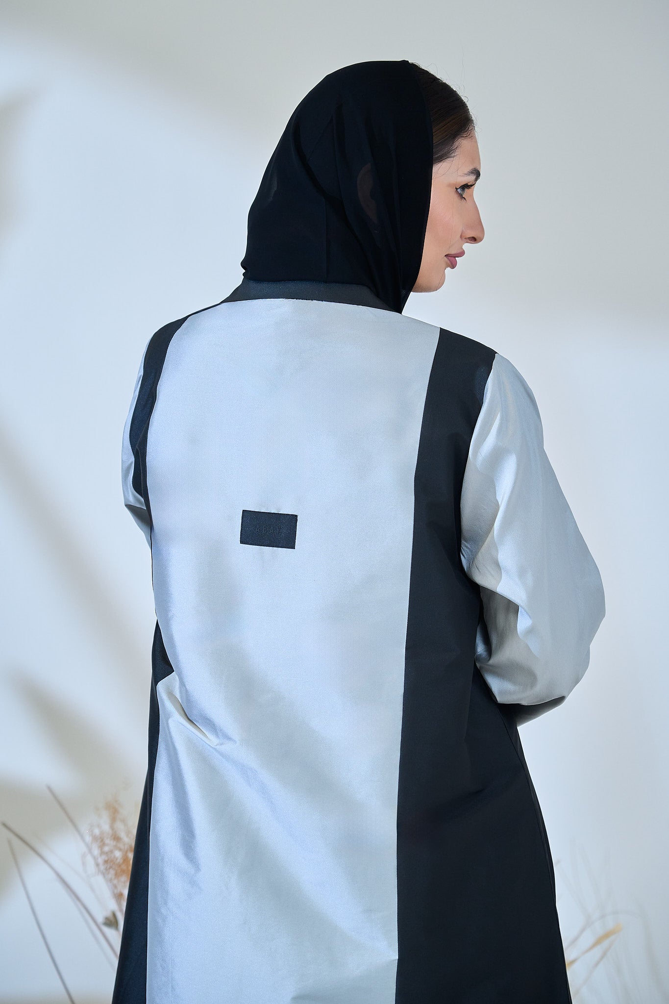 Monochrome Tuxedo-Panel Abaya in Structured Taffeta