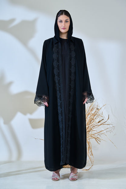 Black Abaya with Intricate Lace Paneling and Scalloped Embroidered Details