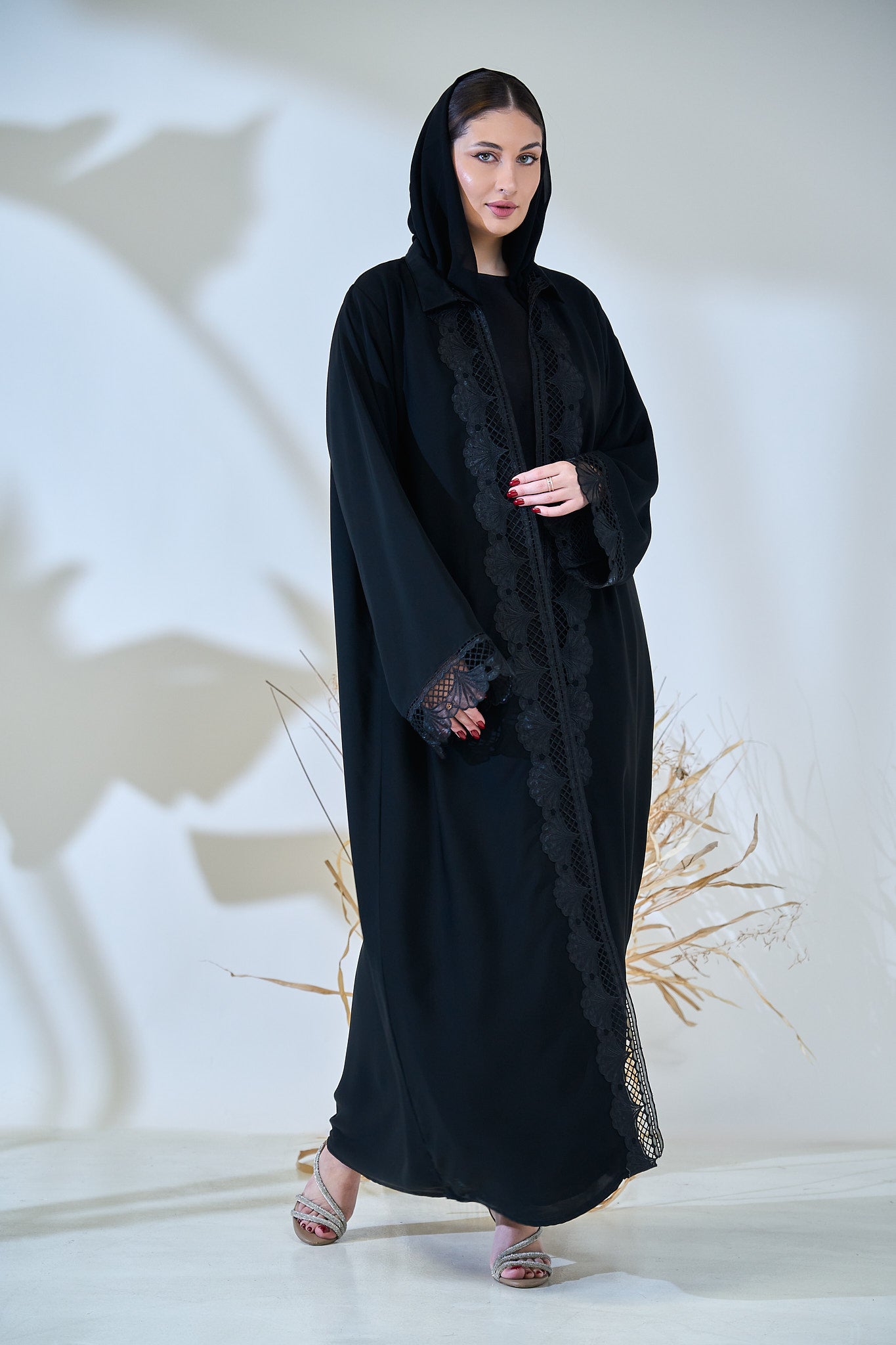 Black Abaya with Intricate Lace Paneling and Scalloped Embroidered Details