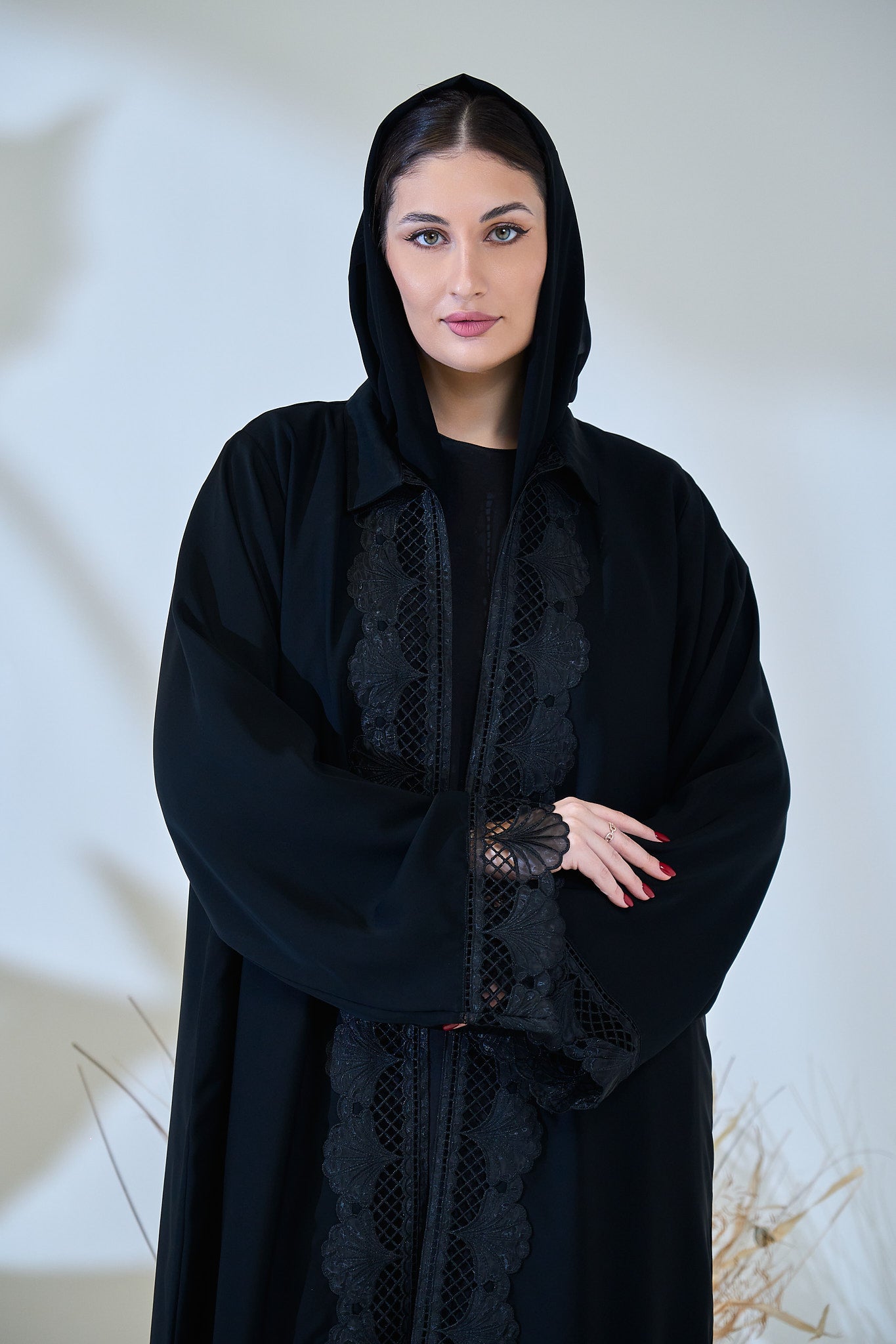 Black Abaya with Intricate Lace Paneling and Scalloped Embroidered Details