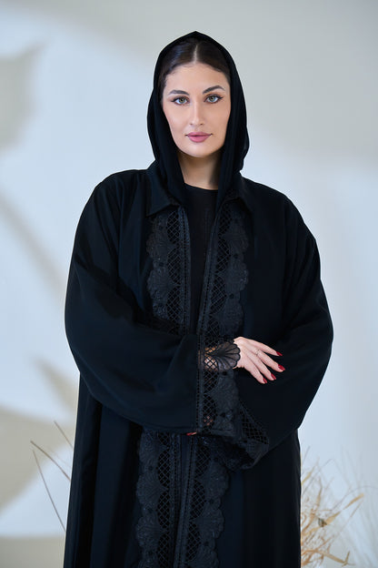 Black Abaya with Intricate Lace Paneling and Scalloped Embroidered Details