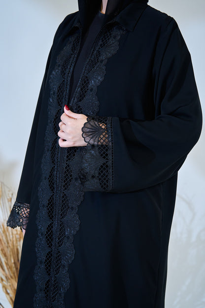 Black Abaya with Intricate Lace Paneling and Scalloped Embroidered Details