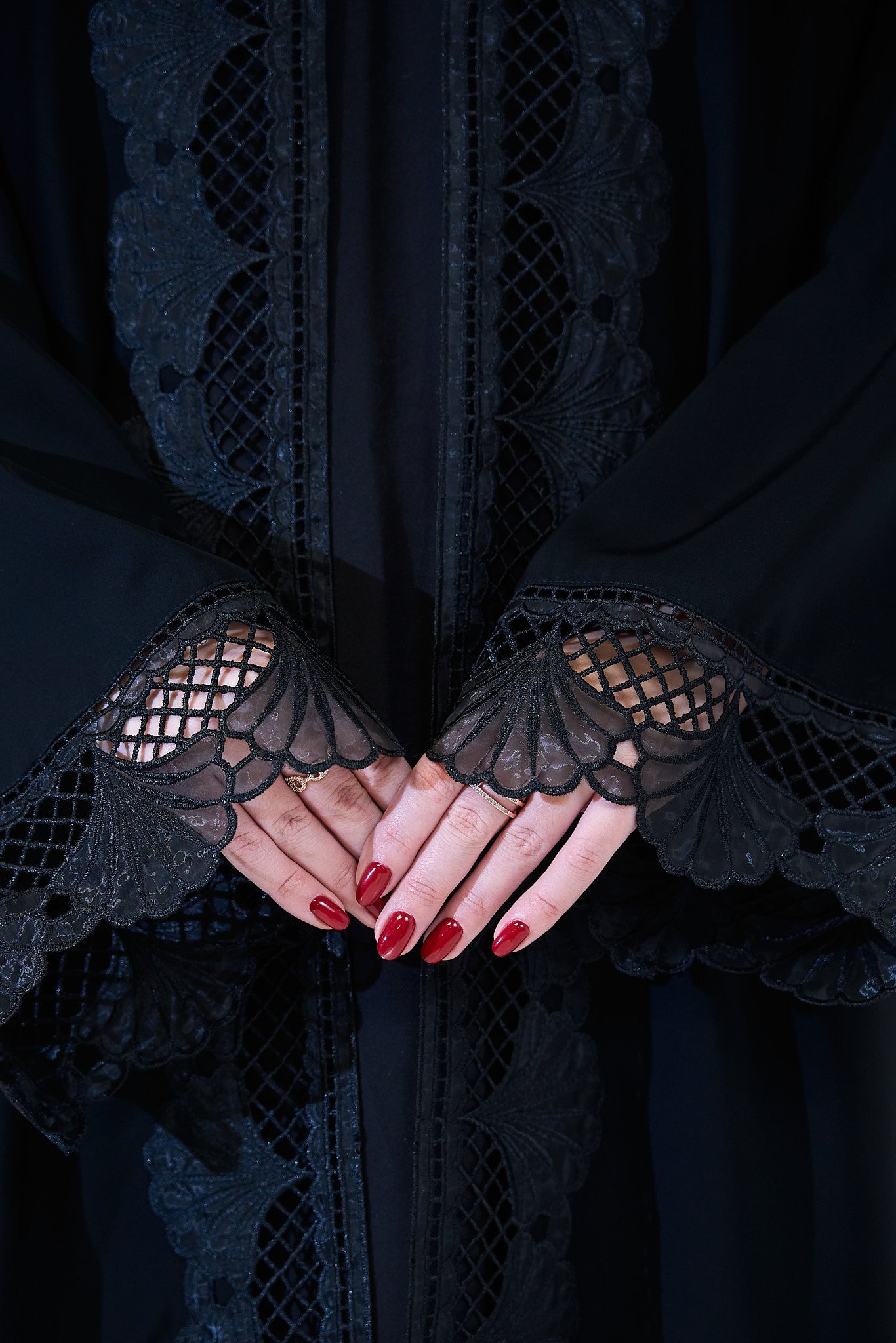 Black Abaya with Intricate Lace Paneling and Scalloped Embroidered Details