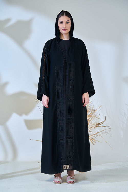 Black Abaya with Geometric Embroidered Panels