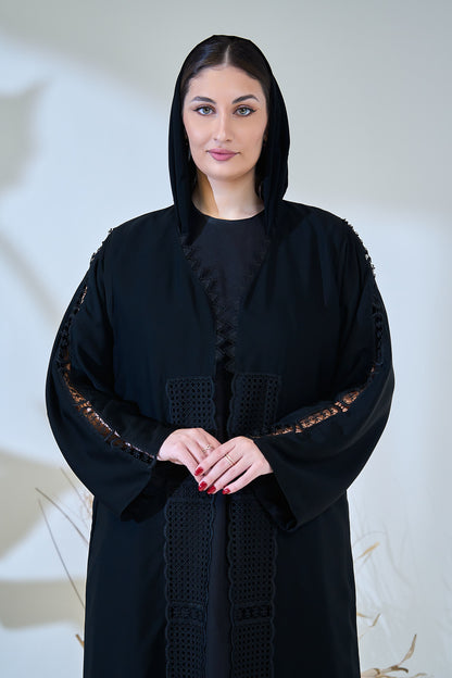 Black Abaya with Geometric Embroidered Panels