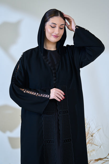 Black Abaya with Geometric Embroidered Panels