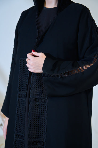Black Abaya with Geometric Embroidered Panels