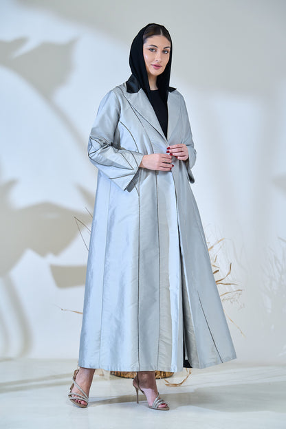 Silver Taffeta Abaya with Sculpted Seam Detailing