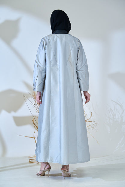 Silver Taffeta Abaya with Sculpted Seam Detailing
