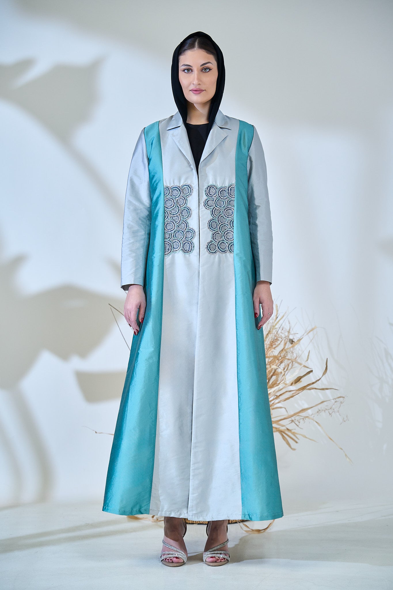 Turquoise & Silver Luxe Embroidered Panel Abaya