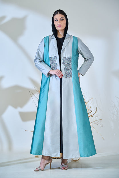 Turquoise & Silver Luxe Embroidered Panel Abaya