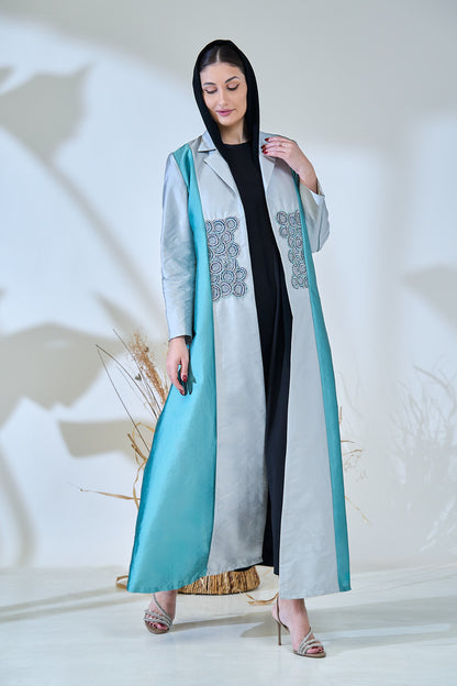 Turquoise & Silver Luxe Embroidered Panel Abaya