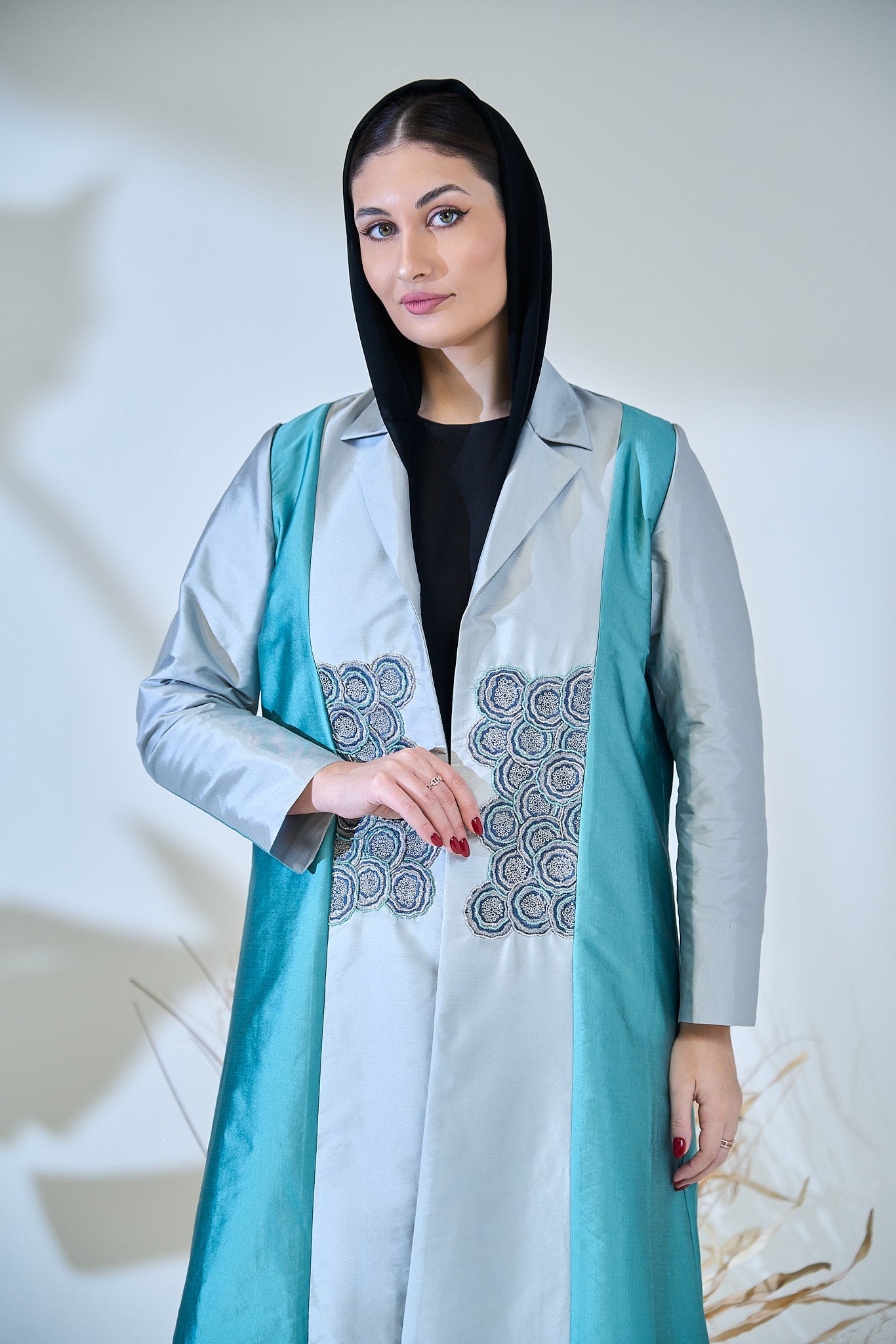 Turquoise & Silver Luxe Embroidered Panel Abaya