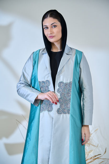 Turquoise & Silver Luxe Embroidered Panel Abaya