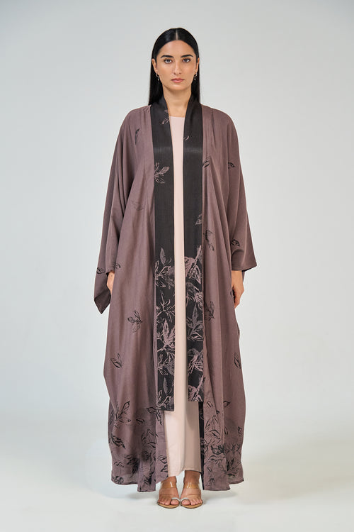 Modern Kimono Open Abaya with Printed Leaf Design