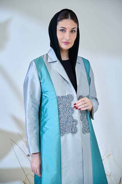 Turquoise & Silver Luxe Embroidered Panel Abaya
