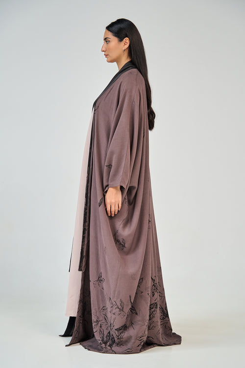 Modern Kimono Open Abaya with Printed Leaf Design – hover image