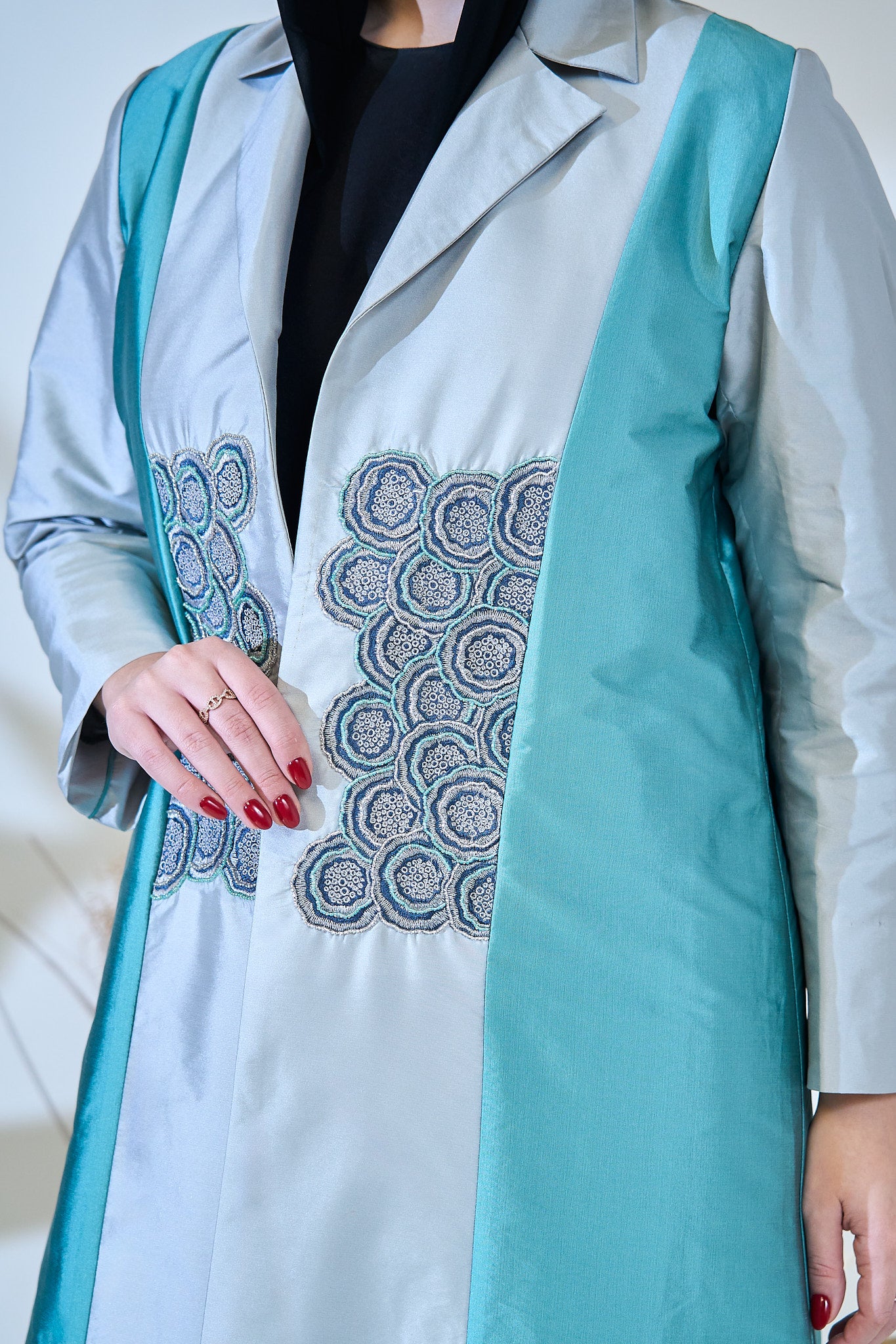 Turquoise & Silver Luxe Embroidered Panel Abaya
