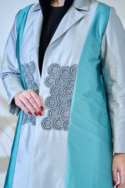 Turquoise & Silver Luxe Embroidered Panel Abaya