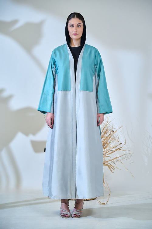 Two-Tone Satin Abaya with Contrasting Panel Design in Mint & Silver