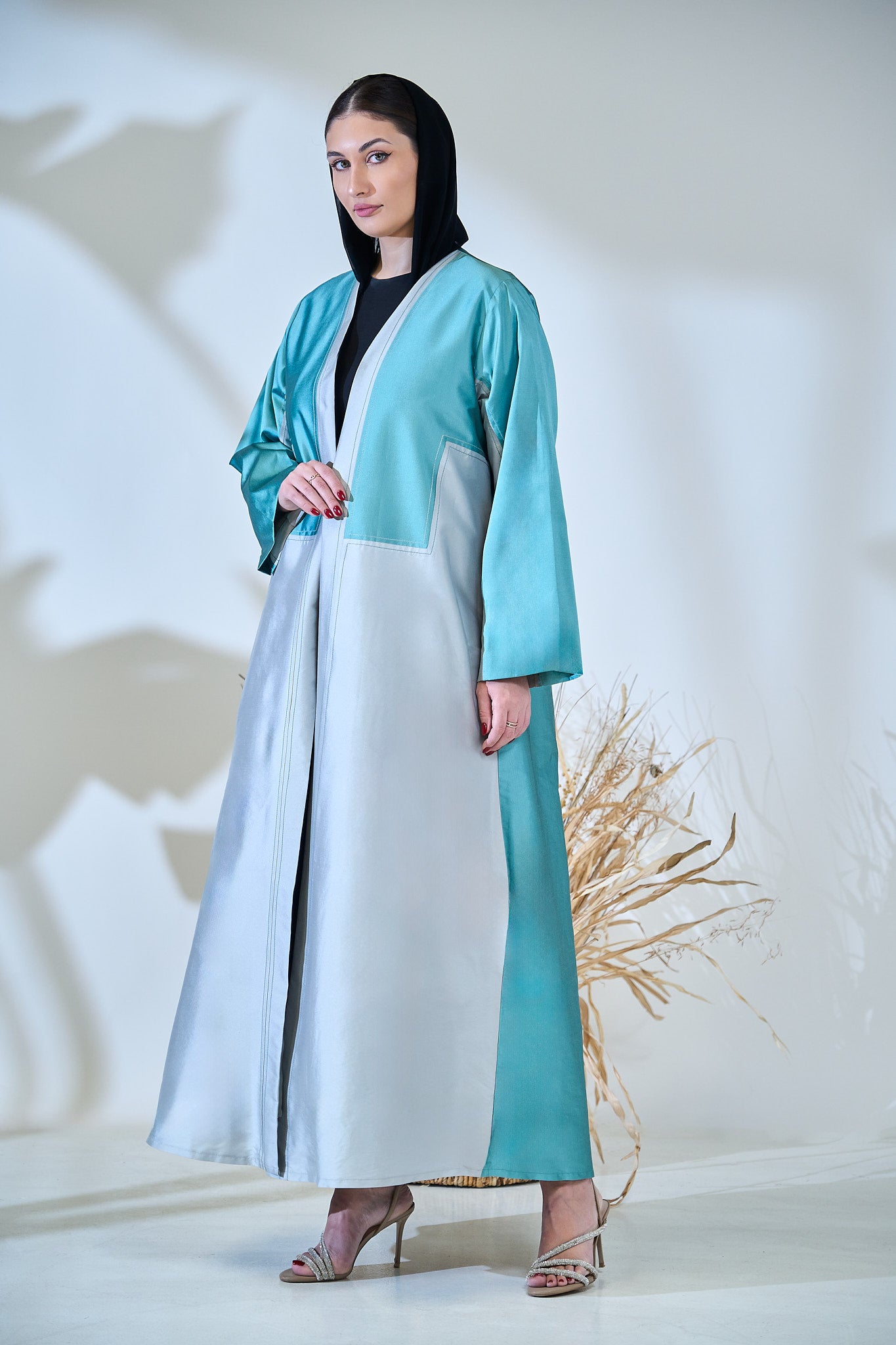 Two-Tone Satin Abaya with Contrasting Panel Design in Mint & Silver
