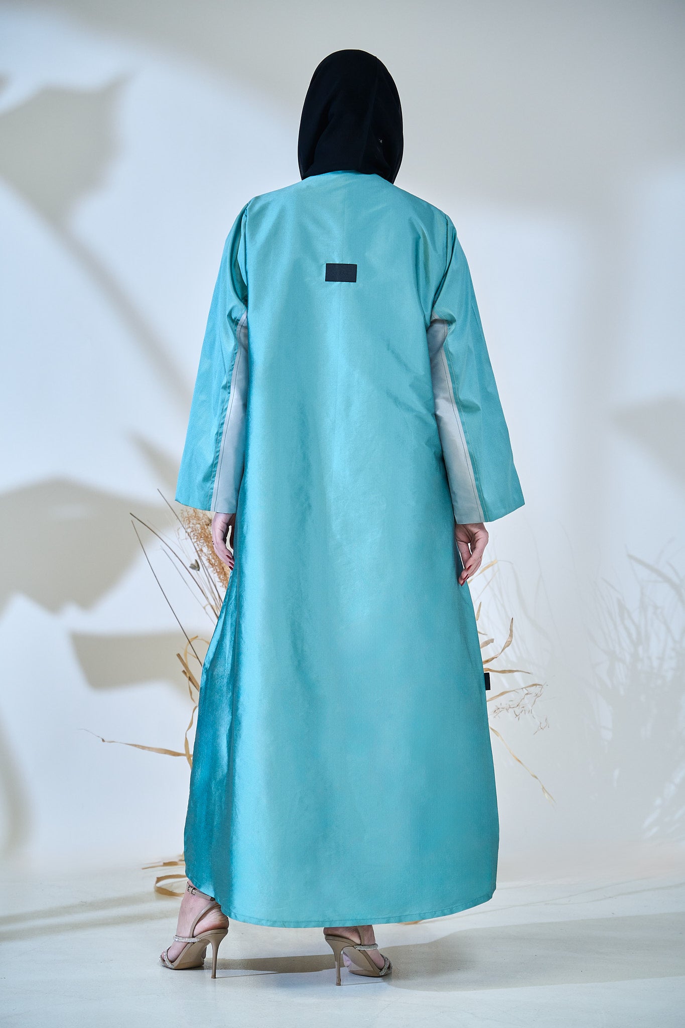Two-Tone Satin Abaya with Contrasting Panel Design in Mint & Silver