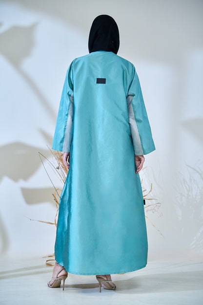 Two-Tone Satin Abaya with Contrasting Panel Design in Mint & Silver