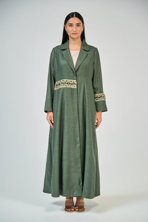 Olive Collar Abaya with Geometric Trim Detail