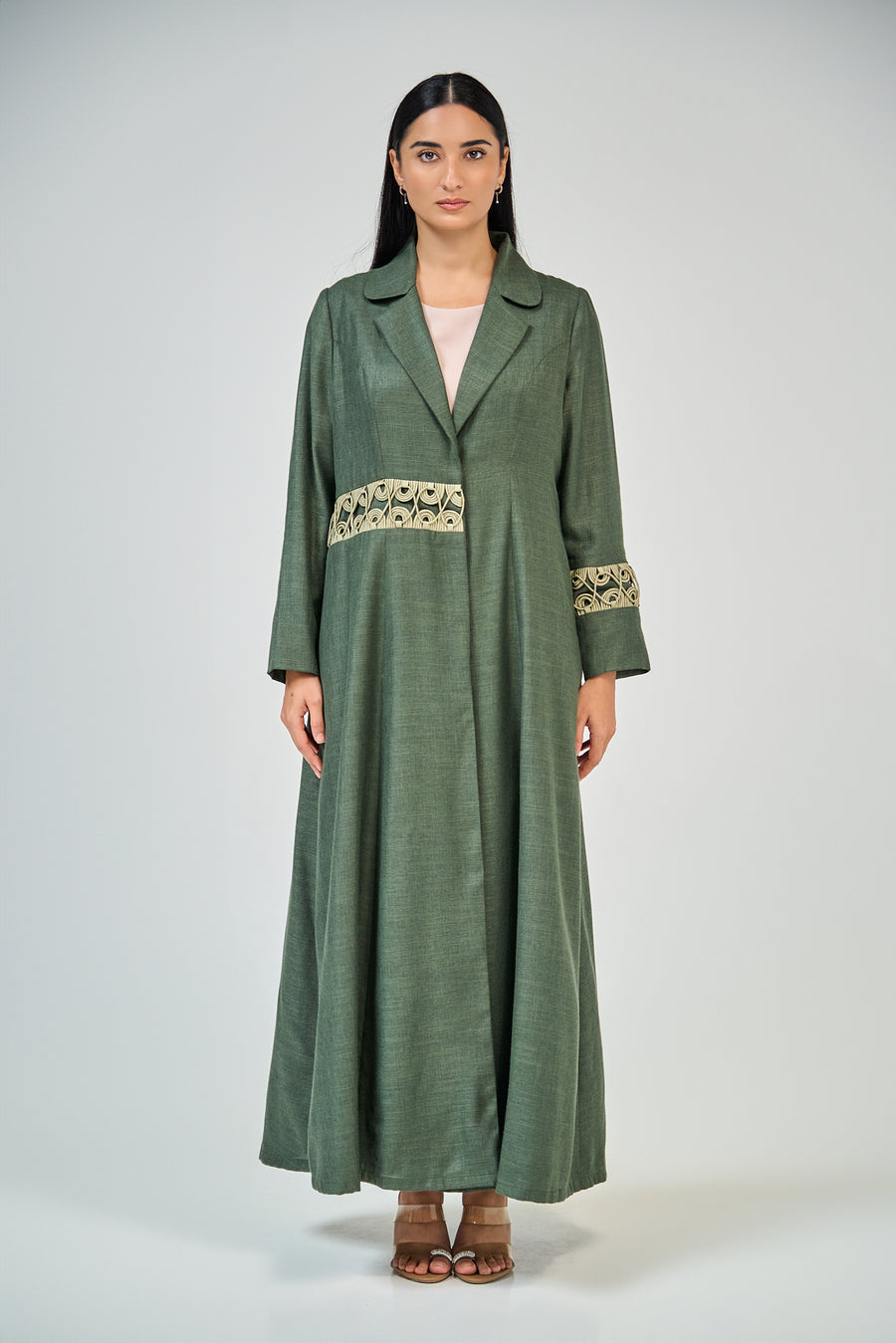 Olive Collar Abaya with Geometric Trim Detail