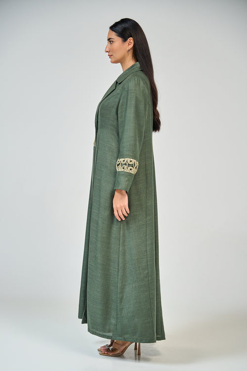 Olive Collar Abaya with Geometric Trim Detail – hover image