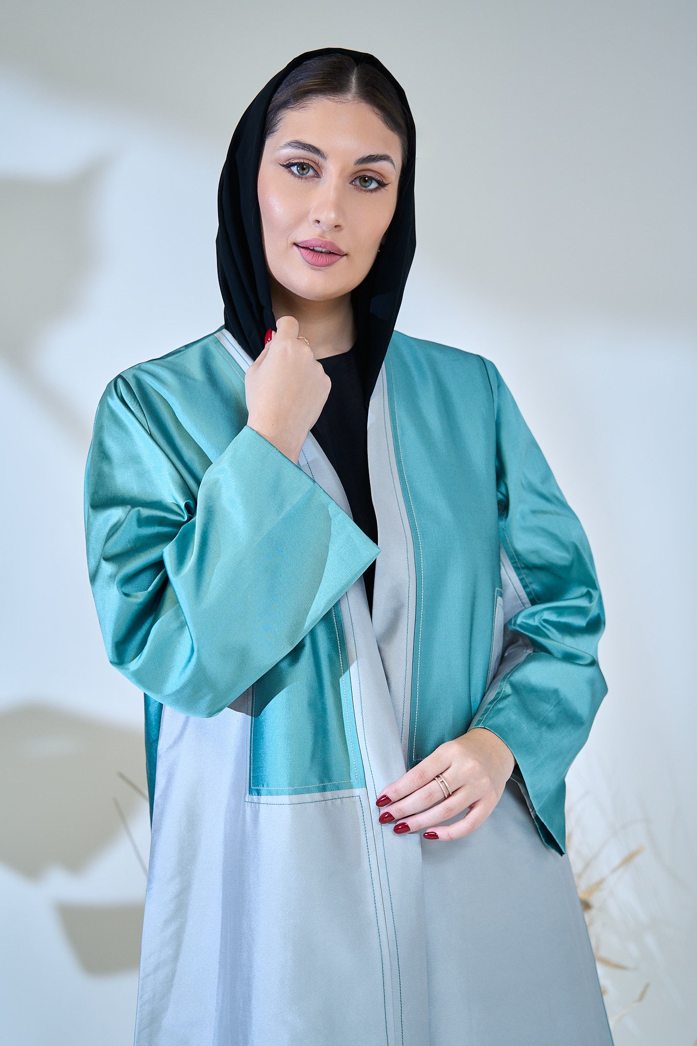 Two-Tone Satin Abaya with Contrasting Panel Design in Mint & Silver