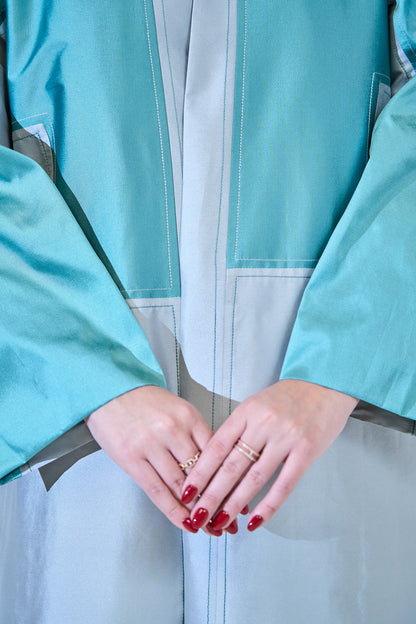 Two-Tone Satin Abaya with Contrasting Panel Design in Mint & Silver