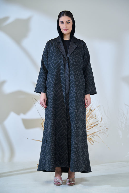 Midnight Geo-Pattern Luxe Open Abaya – Structured Jacquard Black Cloak