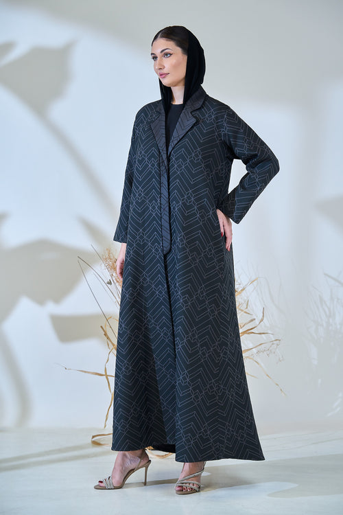 Midnight Geo-Pattern Luxe Open Abaya – Structured Jacquard Black Cloak – hover image