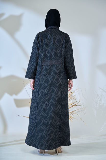 Midnight Geo-Pattern Luxe Open Abaya – Structured Jacquard Black Cloak