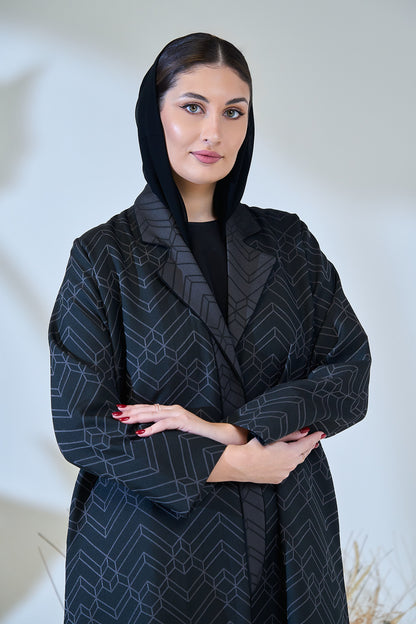 Midnight Geo-Pattern Luxe Open Abaya – Structured Jacquard Black Cloak