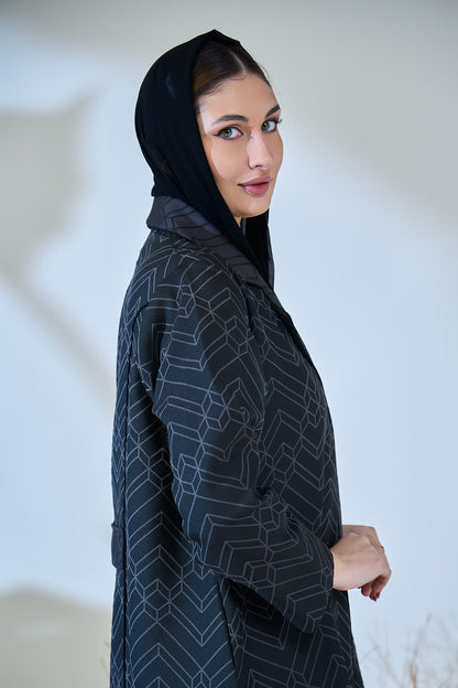 Midnight Geo-Pattern Luxe Open Abaya – Structured Jacquard Black Cloak