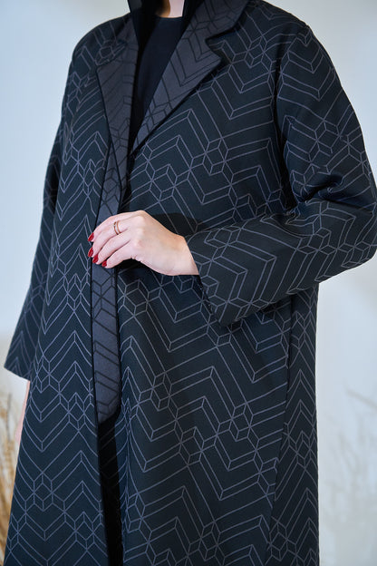 Midnight Geo-Pattern Luxe Open Abaya – Structured Jacquard Black Cloak