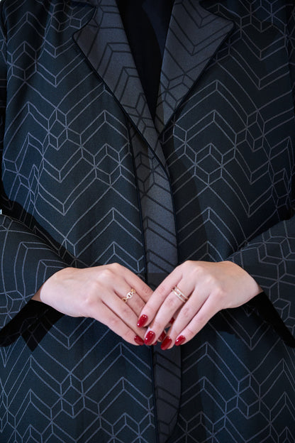 Midnight Geo-Pattern Luxe Open Abaya – Structured Jacquard Black Cloak