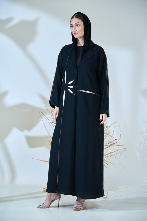 Black Abaya with Abstract Cut-Out Sunburst Design – hover image