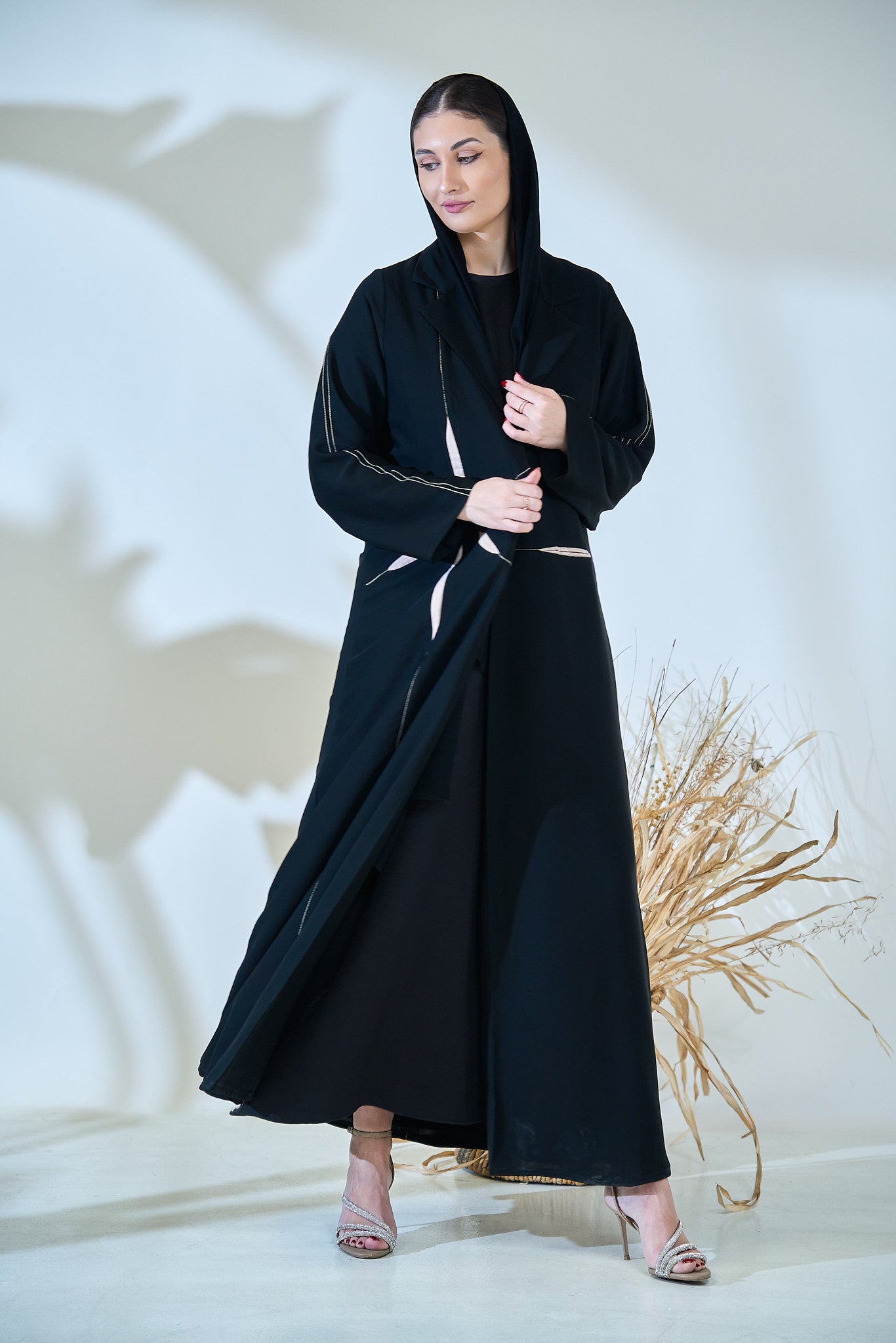 Black Abaya with Abstract Cut-Out Sunburst Design