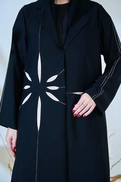 Black Abaya with Abstract Cut-Out Sunburst Design