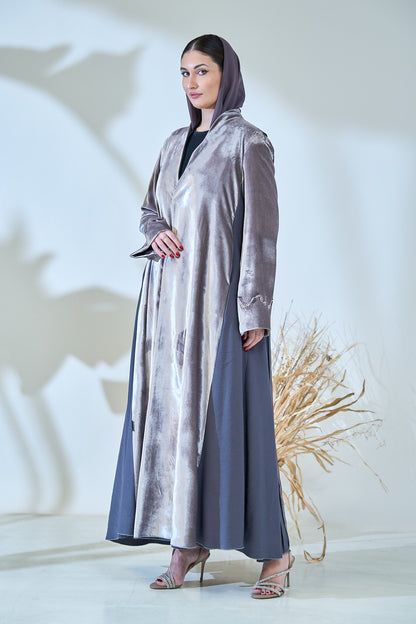 Platinum Sheen Velvet Abaya with Contrast Paneling & Crystal Cuff Embellishments