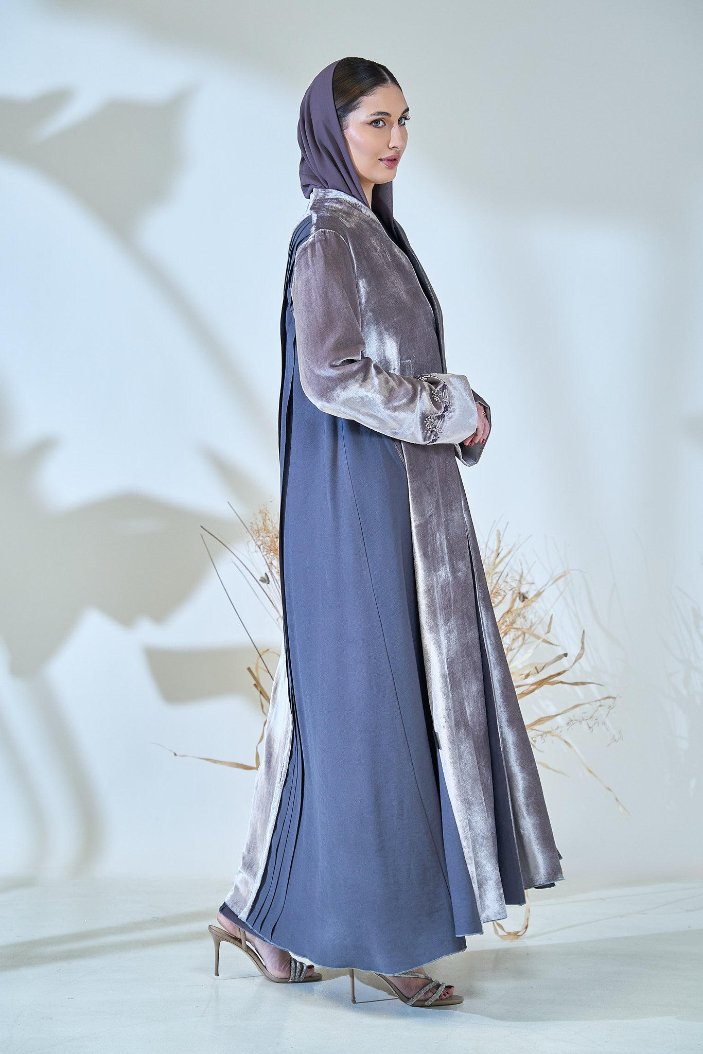 Platinum Sheen Velvet Abaya with Contrast Paneling & Crystal Cuff Embellishments
