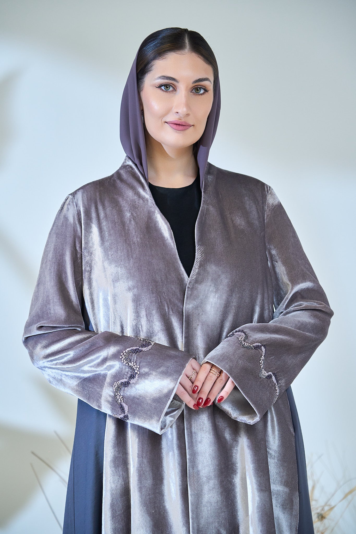 Platinum Sheen Velvet Abaya with Contrast Paneling & Crystal Cuff Embellishments
