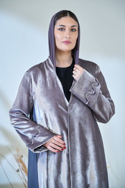 Platinum Sheen Velvet Abaya with Contrast Paneling & Crystal Cuff Embellishments