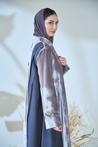 Platinum Sheen Velvet Abaya with Contrast Paneling & Crystal Cuff Embellishments
