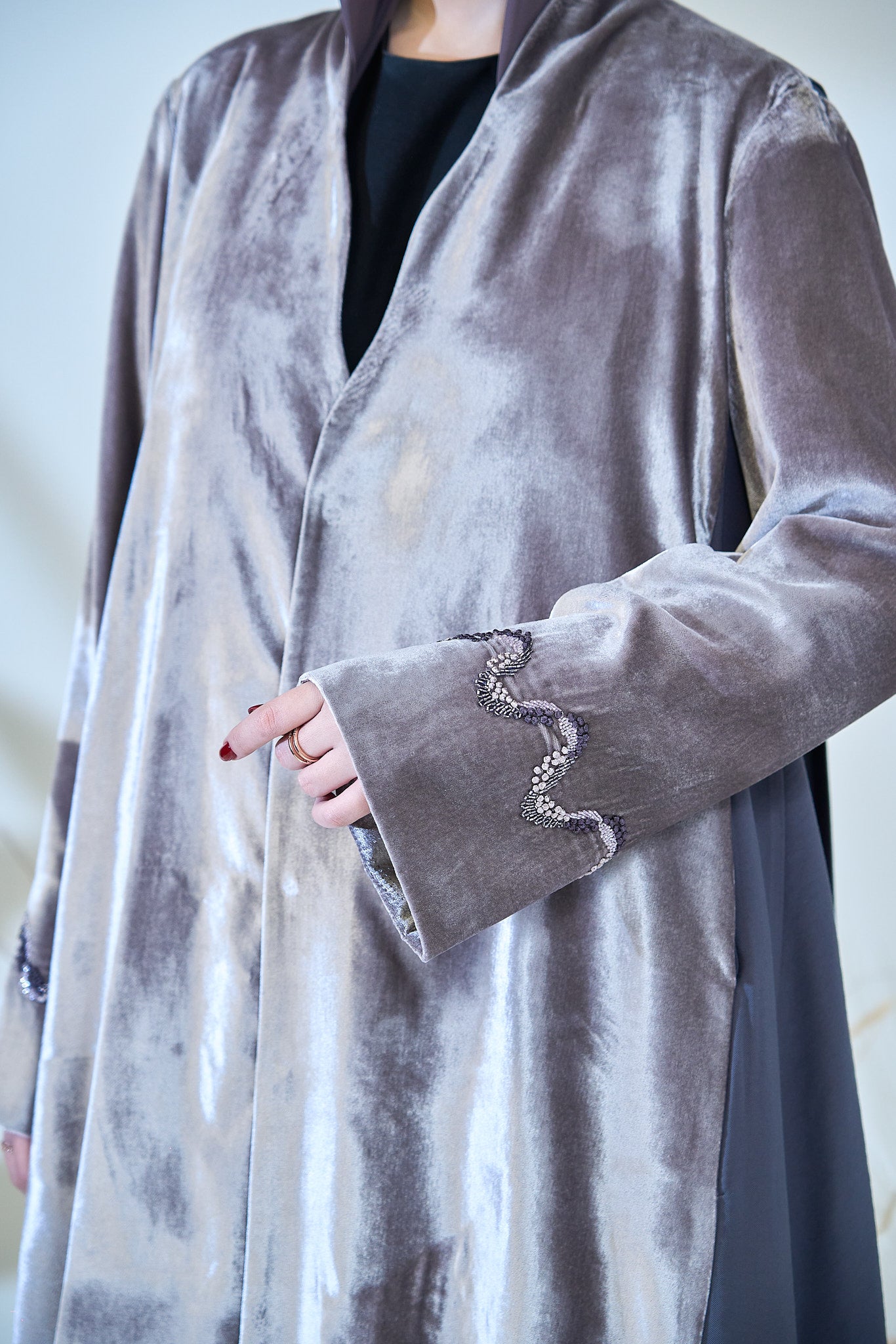 Platinum Sheen Velvet Abaya with Contrast Paneling & Crystal Cuff Embellishments