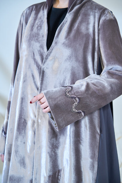 Platinum Sheen Velvet Abaya with Contrast Paneling & Crystal Cuff Embellishments